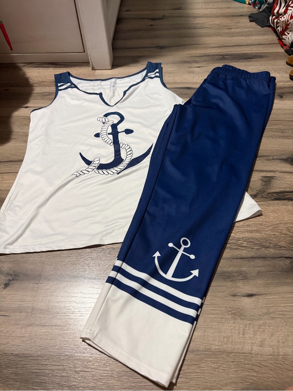 Nautical Anchor Pant Set - White & Navy XL top/ L pant